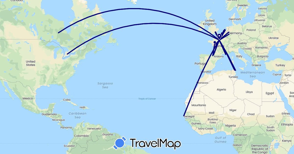 TravelMap itinerary: driving in Belgium, Canada, Germany, Spain, France, United Kingdom, Netherlands, Senegal, Tunisia (Africa, Europe, North America)