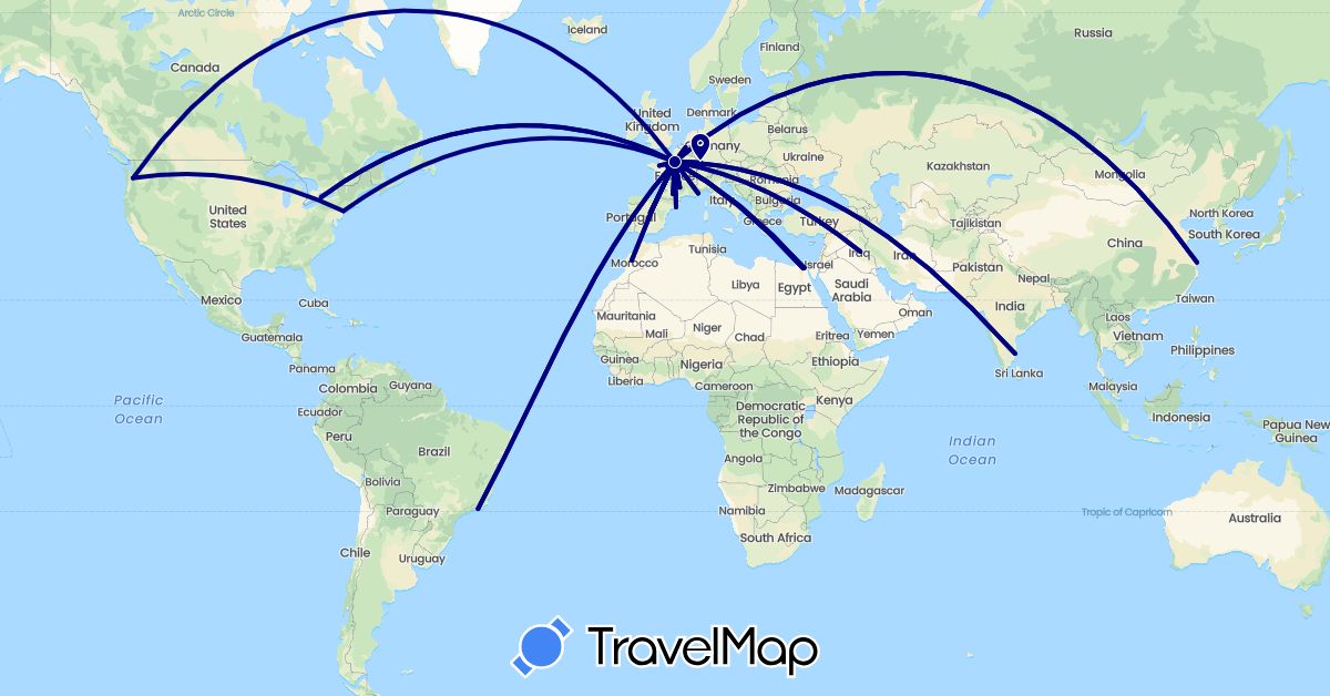 TravelMap itinerary: driving in Belgium, Brazil, Canada, China, Egypt, Spain, France, India, Iraq, Morocco, United States (Africa, Asia, Europe, North America, South America)