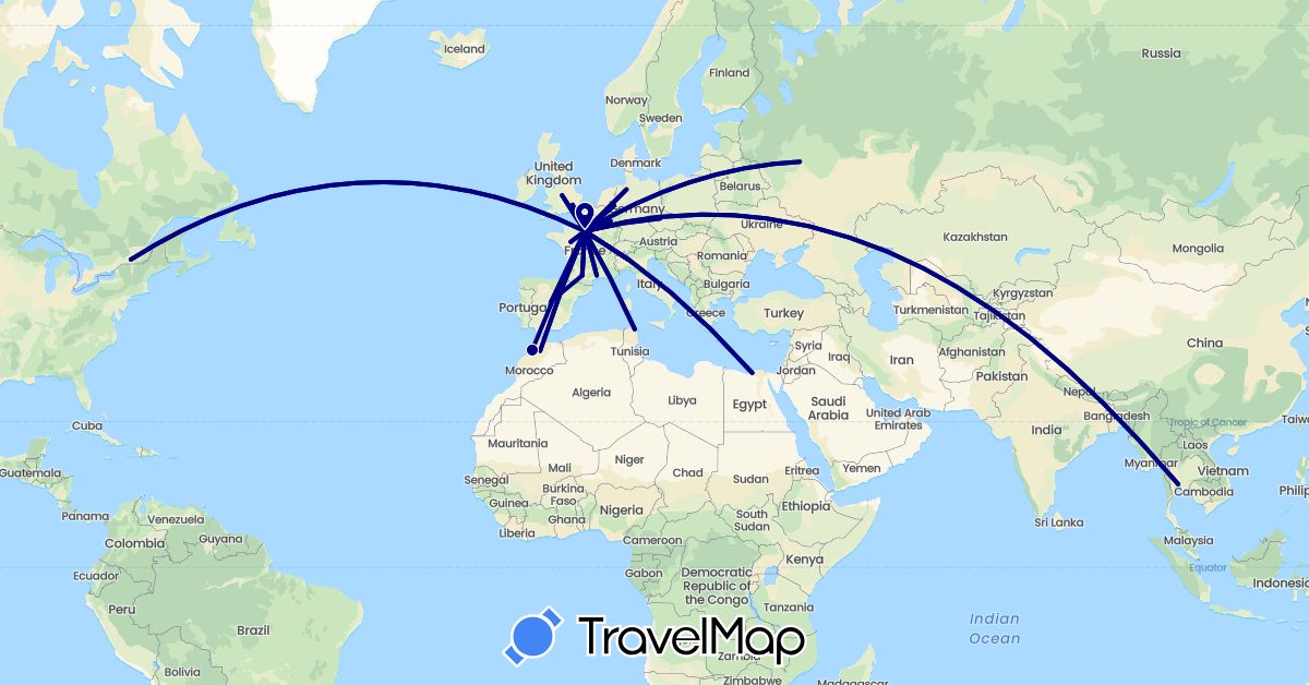 TravelMap itinerary: driving in Canada, Czech Republic, Germany, Egypt, Spain, France, United Kingdom, Italy, Luxembourg, Morocco, Russia, Thailand, Tunisia (Africa, Asia, Europe, North America)